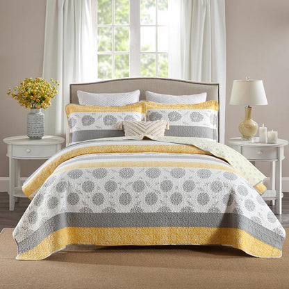 Quilt Queen Size-Comforter Queen Bedding Set,Yellow Gray White All Cotton Quilted Bedspread, Striped Floral Pattern Quilt Set,Lightweight Paisley 3 Piece,All Seasons