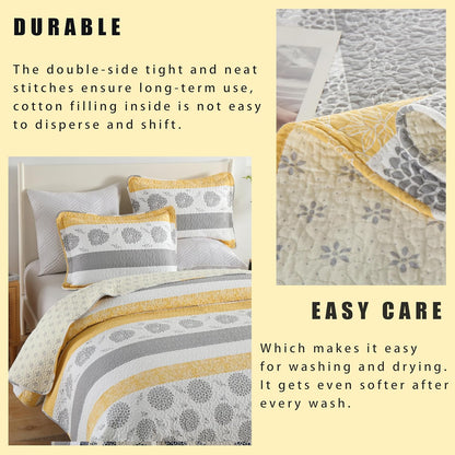 Quilt Queen Size-Comforter Queen Bedding Set,Yellow Gray White All Cotton Quilted Bedspread, Striped Floral Pattern Quilt Set,Lightweight Paisley 3 Piece,All Seasons
