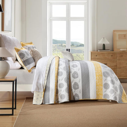 Quilt Queen Size-Comforter Queen Bedding Set,Yellow Gray White All Cotton Quilted Bedspread, Striped Floral Pattern Quilt Set,Lightweight Paisley 3 Piece,All Seasons