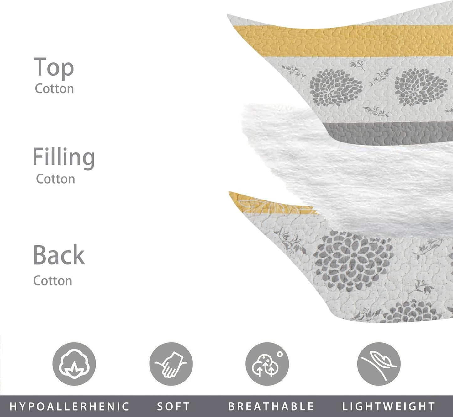 Quilt Queen Size-Comforter Queen Bedding Set,Yellow Gray White All Cotton Quilted Bedspread, Striped Floral Pattern Quilt Set,Lightweight Paisley 3 Piece,All Seasons
