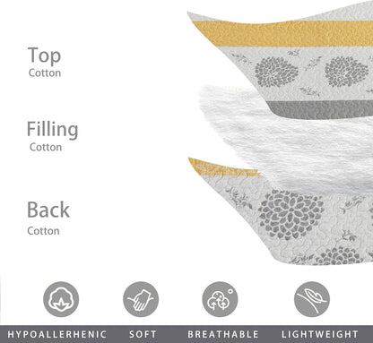 Quilt Queen Size-Comforter Queen Bedding Set,Yellow Gray White All Cotton Quilted Bedspread, Striped Floral Pattern Quilt Set,Lightweight Paisley 3 Piece,All Seasons