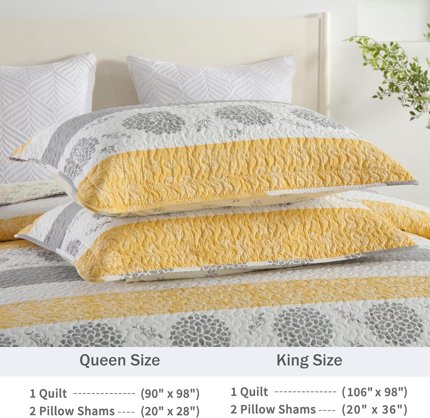 Quilt Queen Size-Comforter Queen Bedding Set,Yellow Gray White All Cotton Quilted Bedspread, Striped Floral Pattern Quilt Set,Lightweight Paisley 3 Piece,All Seasons