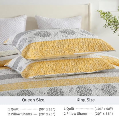 Quilt Queen Size-Comforter Queen Bedding Set,Yellow Gray White All Cotton Quilted Bedspread, Striped Floral Pattern Quilt Set,Lightweight Paisley 3 Piece,All Seasons