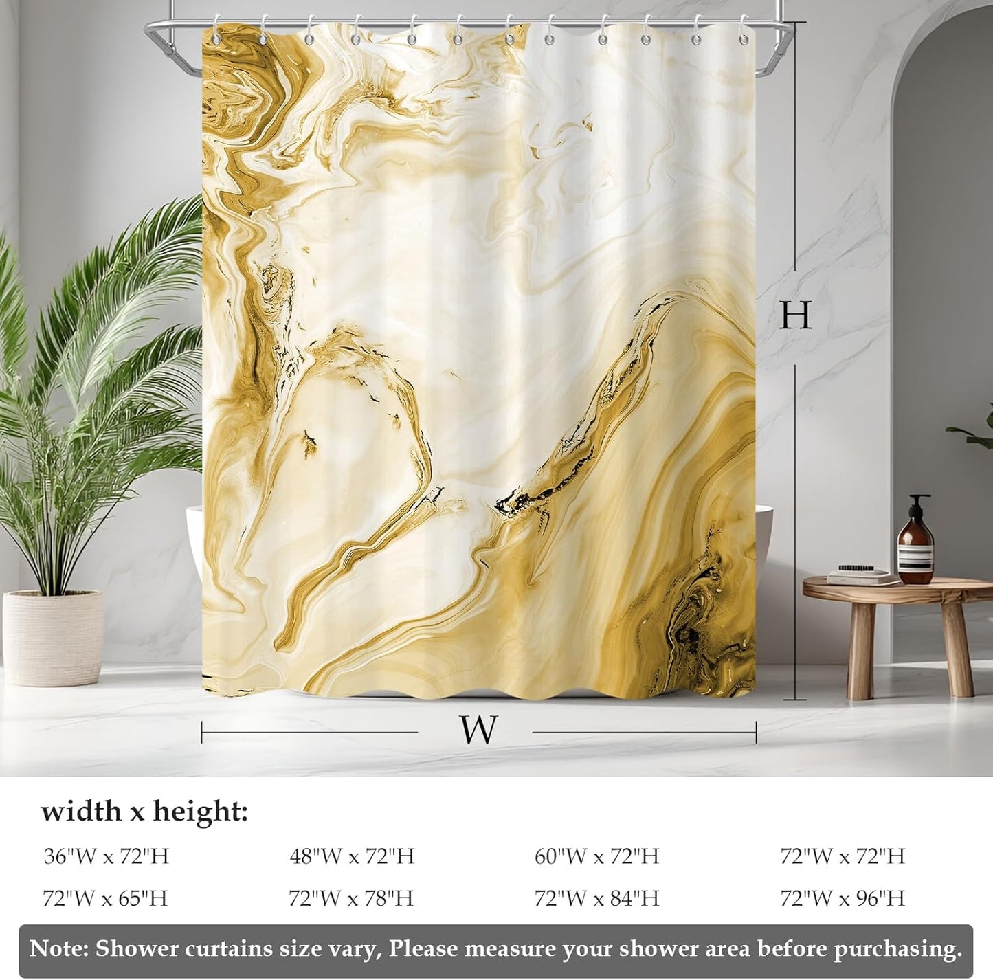 Yellow Marble Shower Curtain, Waterproof Shower Curtain for Bathroom Modern Abstract Art Faux Stone Pattern Bathroom Bathtub Home Decor with Hooks, Machine Washable, 72x72 Inch