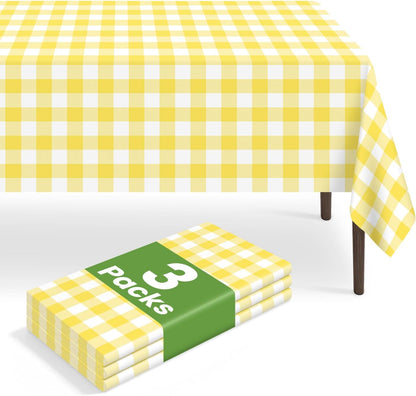 3 Pack Yellow and White Checkered Tablecloth, Yellow Plastic Table Cloths for Parties Disposable, 54 x 108 inch Waterproof Yellow Gingham Camping Tablecloth for Birthday, Party, Picnic, School