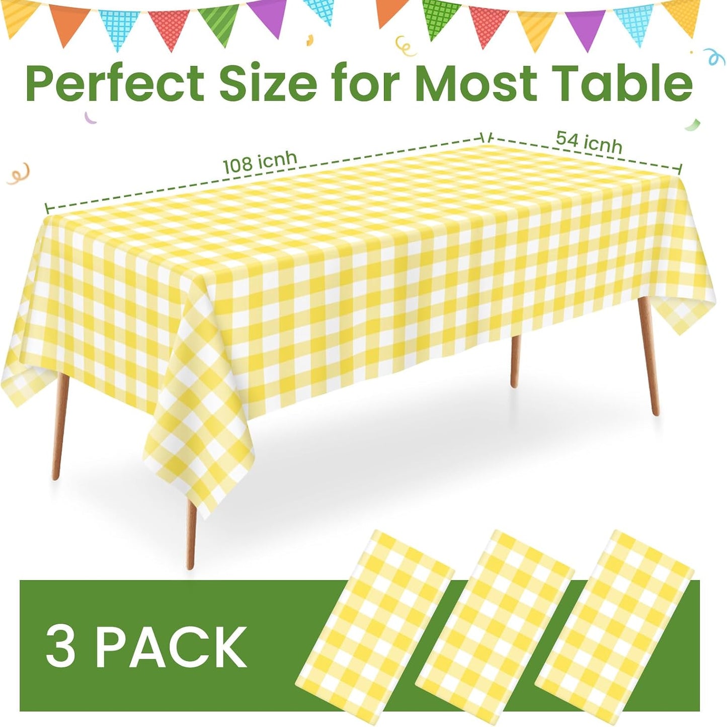 3 Pack Yellow and White Checkered Tablecloth, Yellow Plastic Table Cloths for Parties Disposable, 54 x 108 inch Waterproof Yellow Gingham Camping Tablecloth for Birthday, Party, Picnic, School