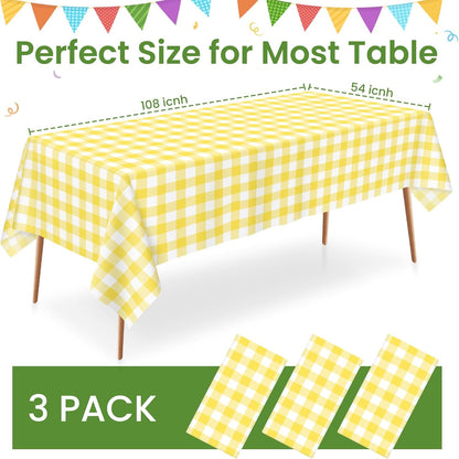 3 Pack Yellow and White Checkered Tablecloth, Yellow Plastic Table Cloths for Parties Disposable, 54 x 108 inch Waterproof Yellow Gingham Camping Tablecloth for Birthday, Party, Picnic, School