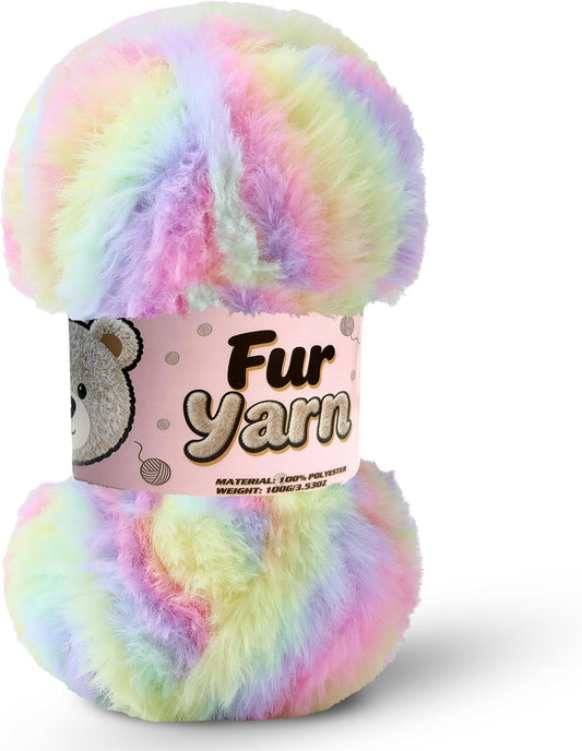 1 Skeins Faux Fur Yarn Soft Fluffy for Crocheting - Chunky Fuzzy Yarn for Crochet Amigurumi, Blankets, Scarves and Sweaters - Each 3.5 oz/100 g, 71 yds/65 m (1, Colorful Yellow+Pink+Purple)