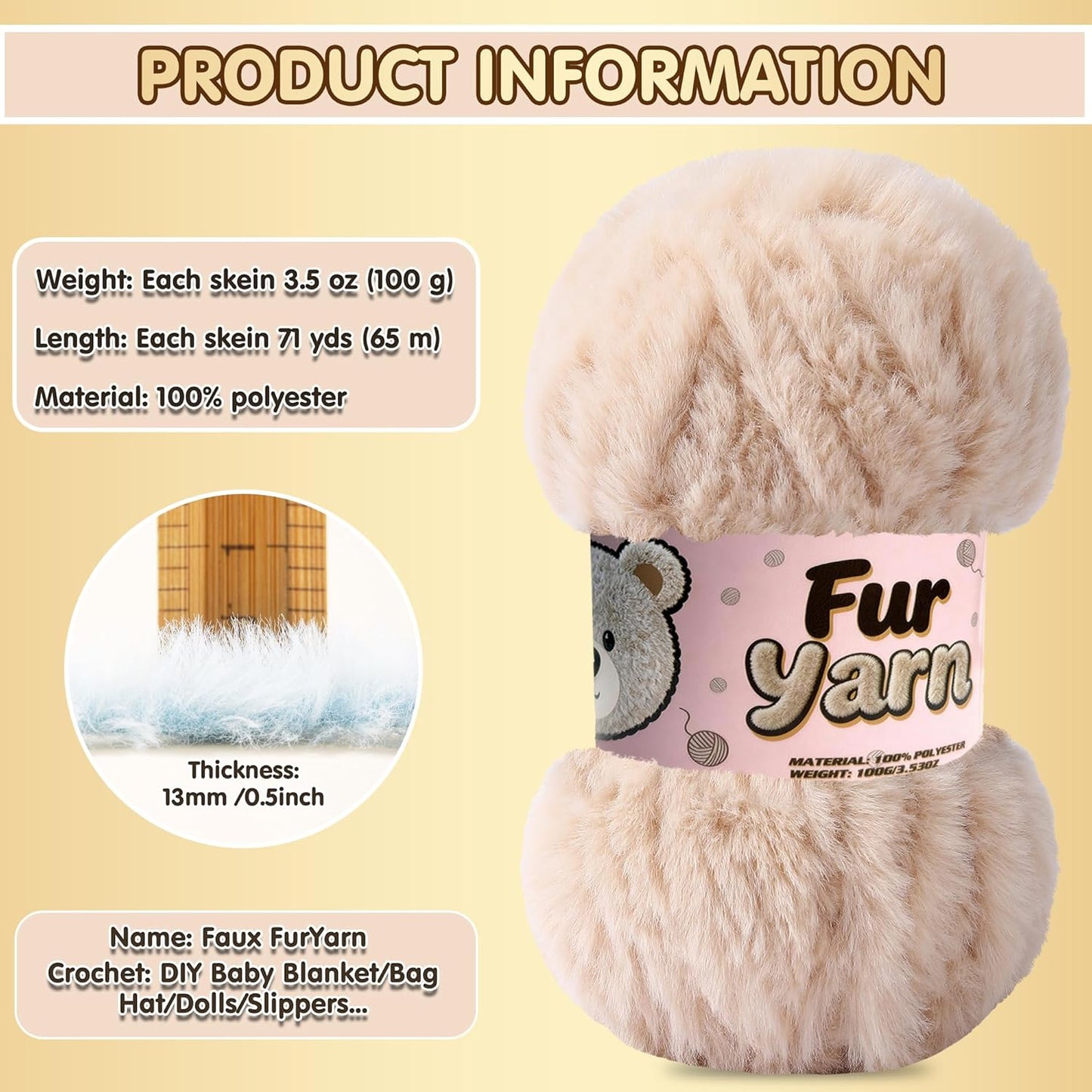 1 Skeins Faux Fur Yarn Soft Fluffy for Crocheting - Chunky Fuzzy Yarn for Crochet Amigurumi, Blankets, Scarves and Sweaters - Each 3.5 oz/100 g, 71 yds/65 m (1, Colorful Yellow+Pink+Purple)