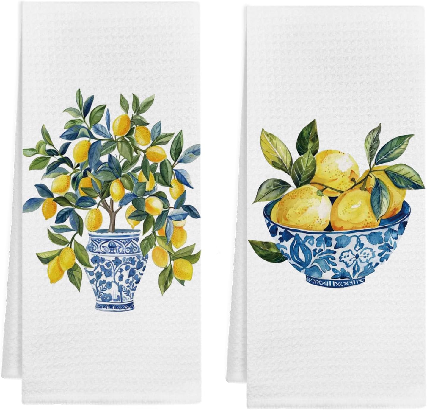 Chinoiserie Lemon Kitchen Towels, Blue and White Porcelain Lemon Dish Tea Towels for Kitchen, Grandmillennial Lemons Fruit Tree Decorative Hand Towel for Bathroom Decor, 16x24 Inch Set of 2