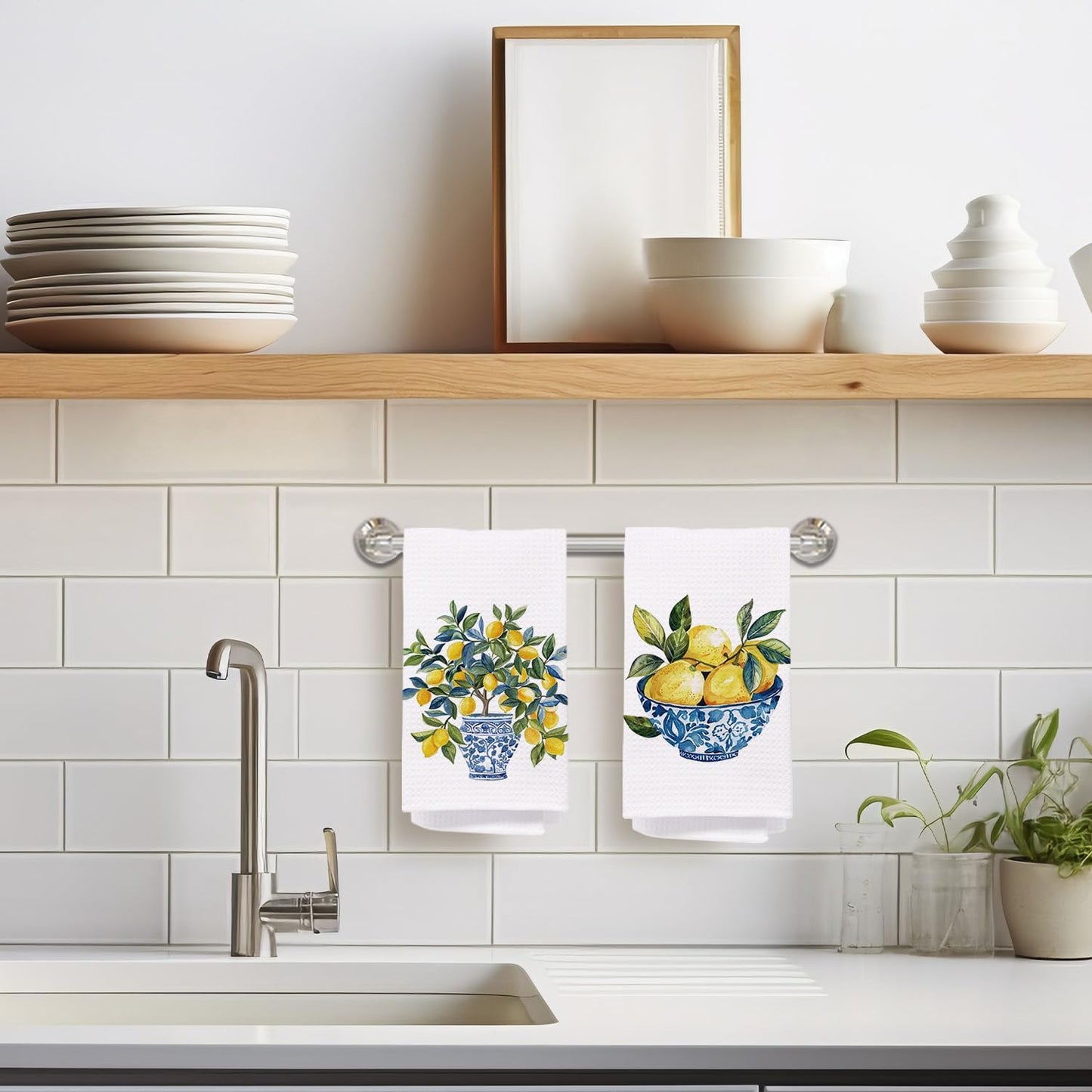 Chinoiserie Lemon Kitchen Towels, Blue and White Porcelain Lemon Dish Tea Towels for Kitchen, Grandmillennial Lemons Fruit Tree Decorative Hand Towel for Bathroom Decor, 16x24 Inch Set of 2