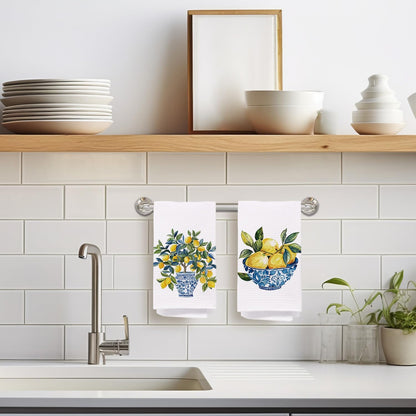 Chinoiserie Lemon Kitchen Towels, Blue and White Porcelain Lemon Dish Tea Towels for Kitchen, Grandmillennial Lemons Fruit Tree Decorative Hand Towel for Bathroom Decor, 16x24 Inch Set of 2