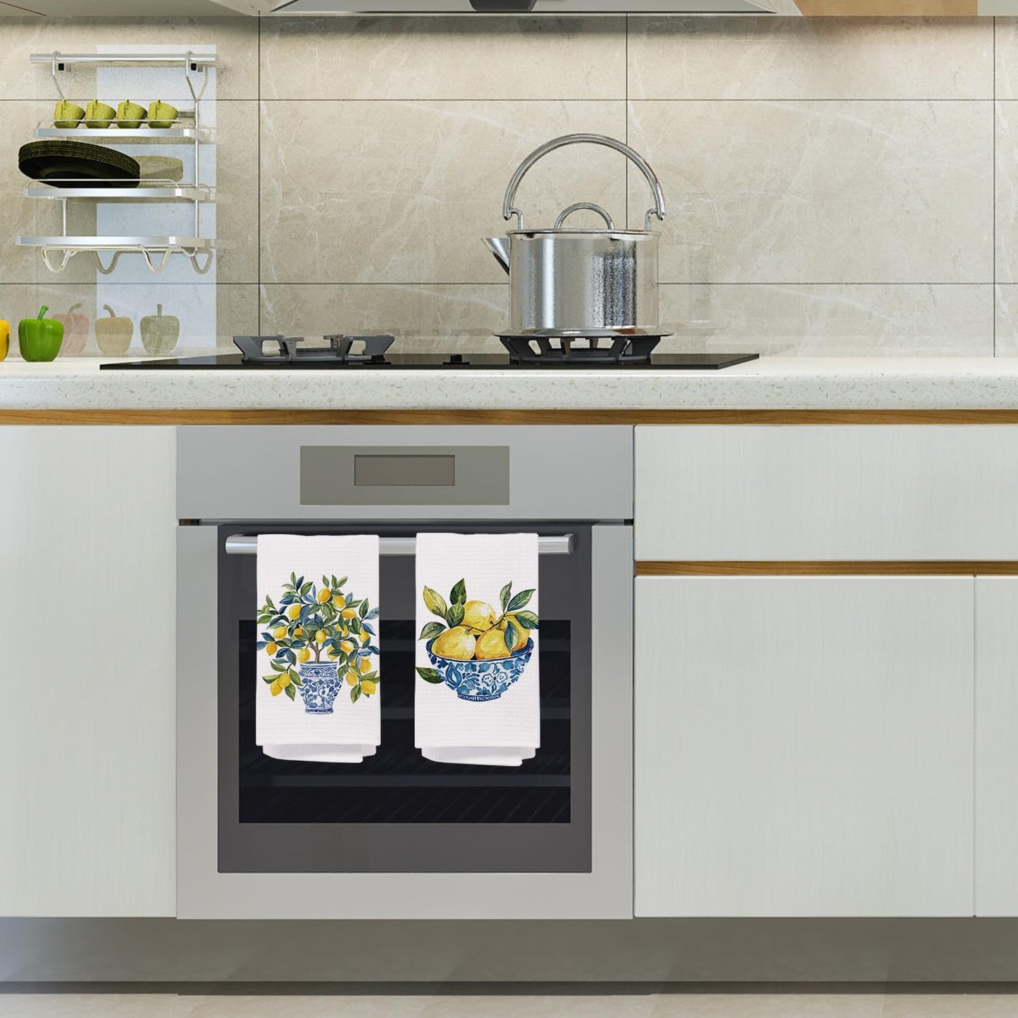 Chinoiserie Lemon Kitchen Towels, Blue and White Porcelain Lemon Dish Tea Towels for Kitchen, Grandmillennial Lemons Fruit Tree Decorative Hand Towel for Bathroom Decor, 16x24 Inch Set of 2