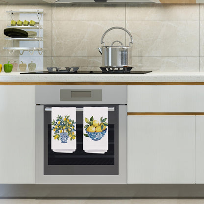 Chinoiserie Lemon Kitchen Towels, Blue and White Porcelain Lemon Dish Tea Towels for Kitchen, Grandmillennial Lemons Fruit Tree Decorative Hand Towel for Bathroom Decor, 16x24 Inch Set of 2