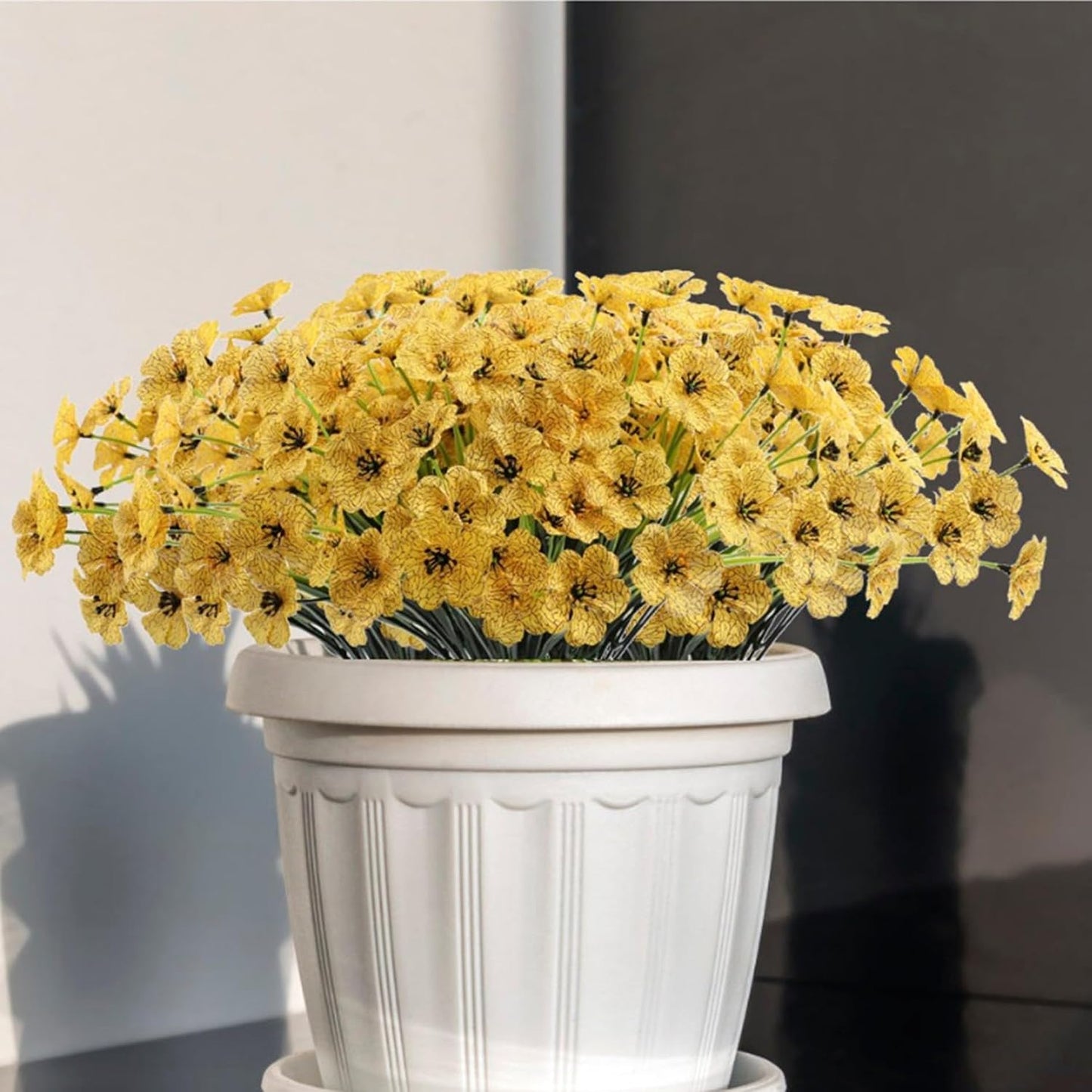 12 Bundles Yellow Artificial Flowers Faux Floral, No Fade Faux Flowers Fake Plastic Plants for Decoration Hanging Planters Indoor Outside Garden Porch Window Box