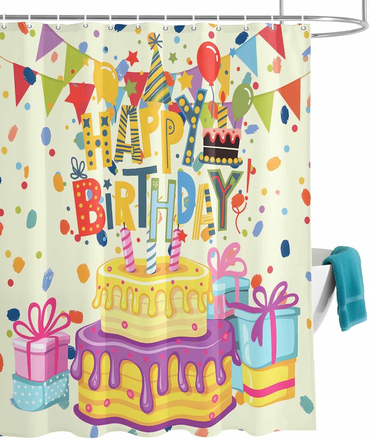 Happy Birthday Shower Curtain 72 Inches Long Cake Ribbon Balloon Modern Shower Curtains Waterproof Polyester Fabric Bath Curtains with Hooks for Bathroom Showers and Bathtubs 48" W x72 L