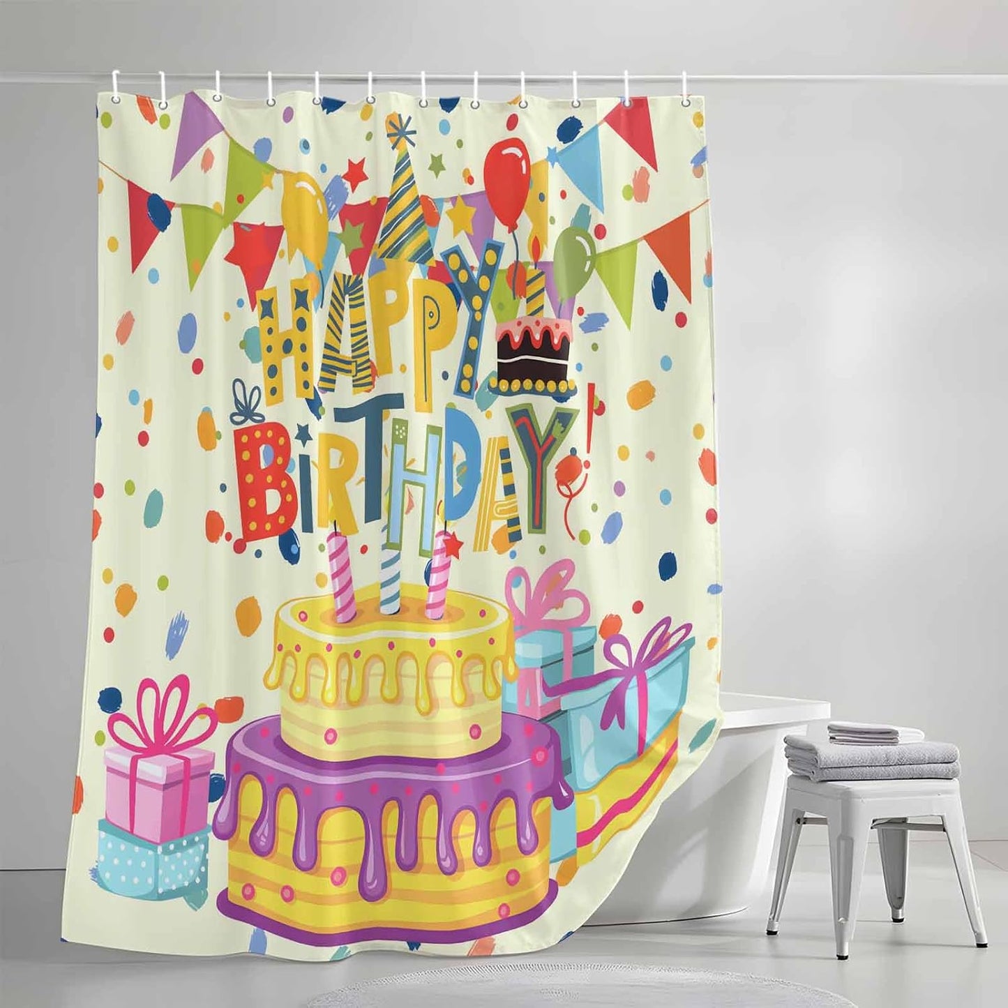 Happy Birthday Shower Curtain 72 Inches Long Cake Ribbon Balloon Modern Shower Curtains Waterproof Polyester Fabric Bath Curtains with Hooks for Bathroom Showers and Bathtubs 48" W x72 L