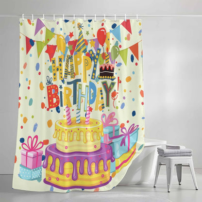Happy Birthday Shower Curtain 72 Inches Long Cake Ribbon Balloon Modern Shower Curtains Waterproof Polyester Fabric Bath Curtains with Hooks for Bathroom Showers and Bathtubs 48" W x72 L