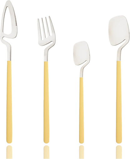 Hangable Silverware Set, Fresh Macaron Colors Flatware Cutlery Set Service for 2, Satin Finish 8 Piece Stainless Steel Utensils Set for Home and Restaurant, Dishwasher Safe(Yellow Silver)
