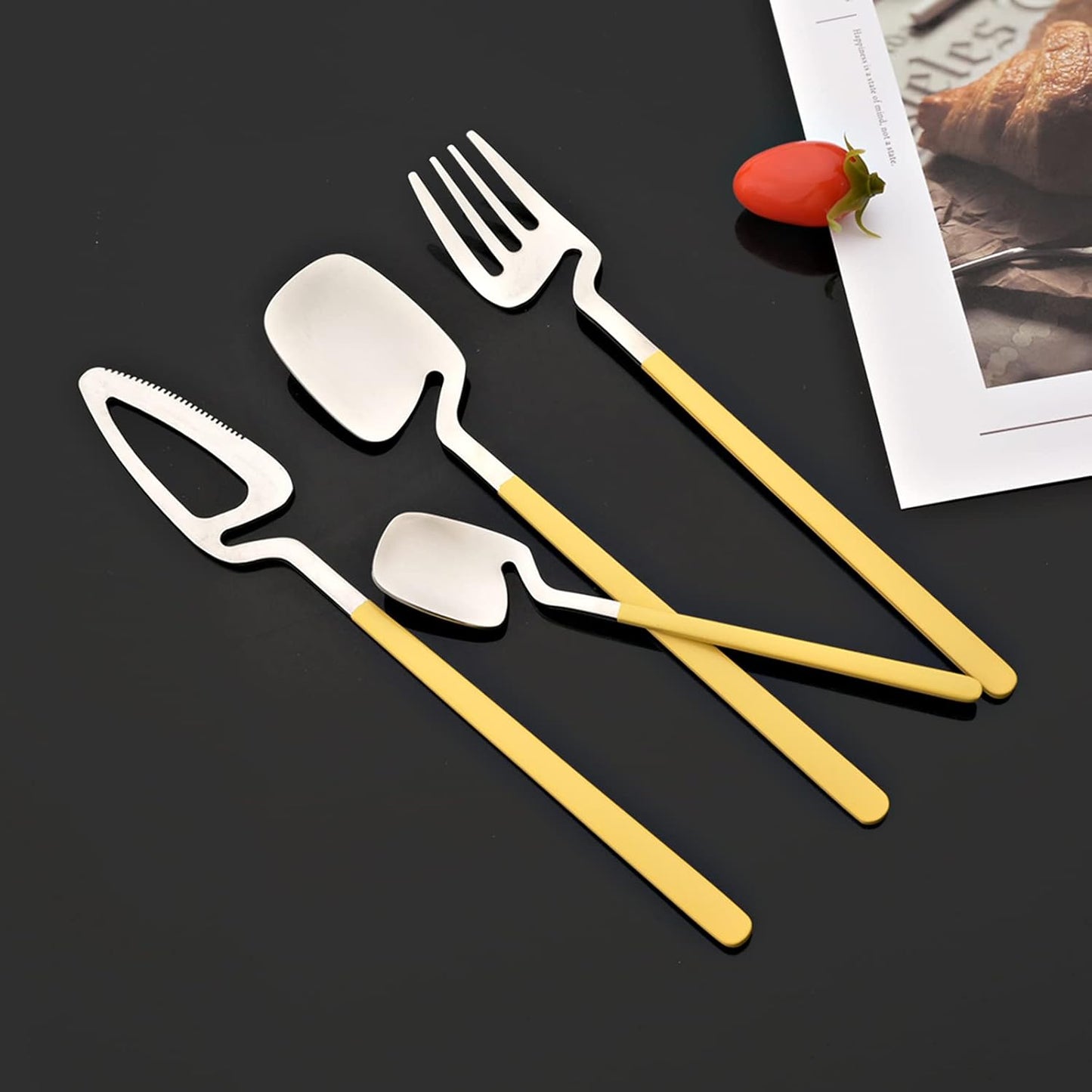Hangable Silverware Set, Fresh Macaron Colors Flatware Cutlery Set Service for 2, Satin Finish 8 Piece Stainless Steel Utensils Set for Home and Restaurant, Dishwasher Safe(Yellow Silver)