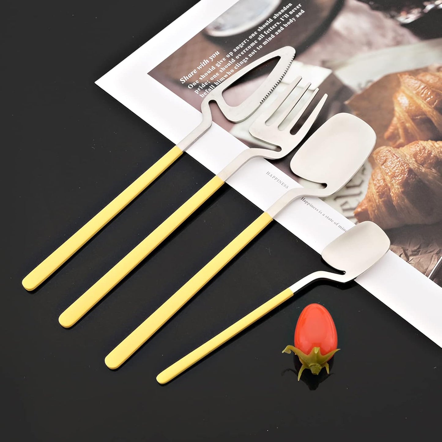 Hangable Silverware Set, Fresh Macaron Colors Flatware Cutlery Set Service for 2, Satin Finish 8 Piece Stainless Steel Utensils Set for Home and Restaurant, Dishwasher Safe(Yellow Silver)