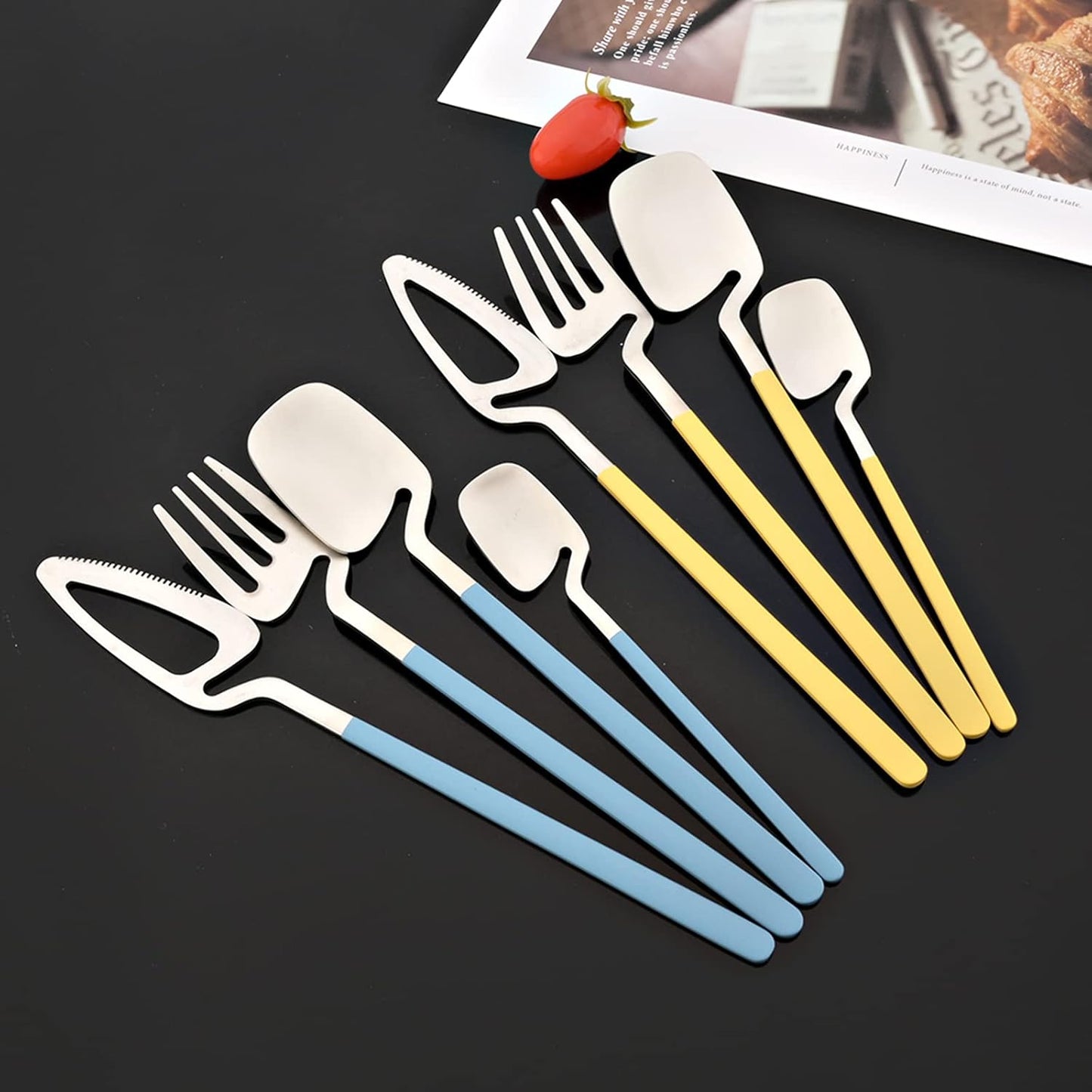 Hangable Silverware Set, Fresh Macaron Colors Flatware Cutlery Set Service for 2, Satin Finish 8 Piece Stainless Steel Utensils Set for Home and Restaurant, Dishwasher Safe(Yellow Silver)