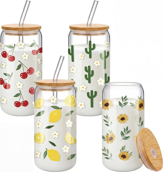 Cute Glass Cup Set of 4, 16 oz Iced Coffee Cups with Bamboo Lids Straws and Brush, Cherry Lemon Cactus Sunflower Floral Design, Gift for Women Girls Friend Bridesmaid Birthday Wedding