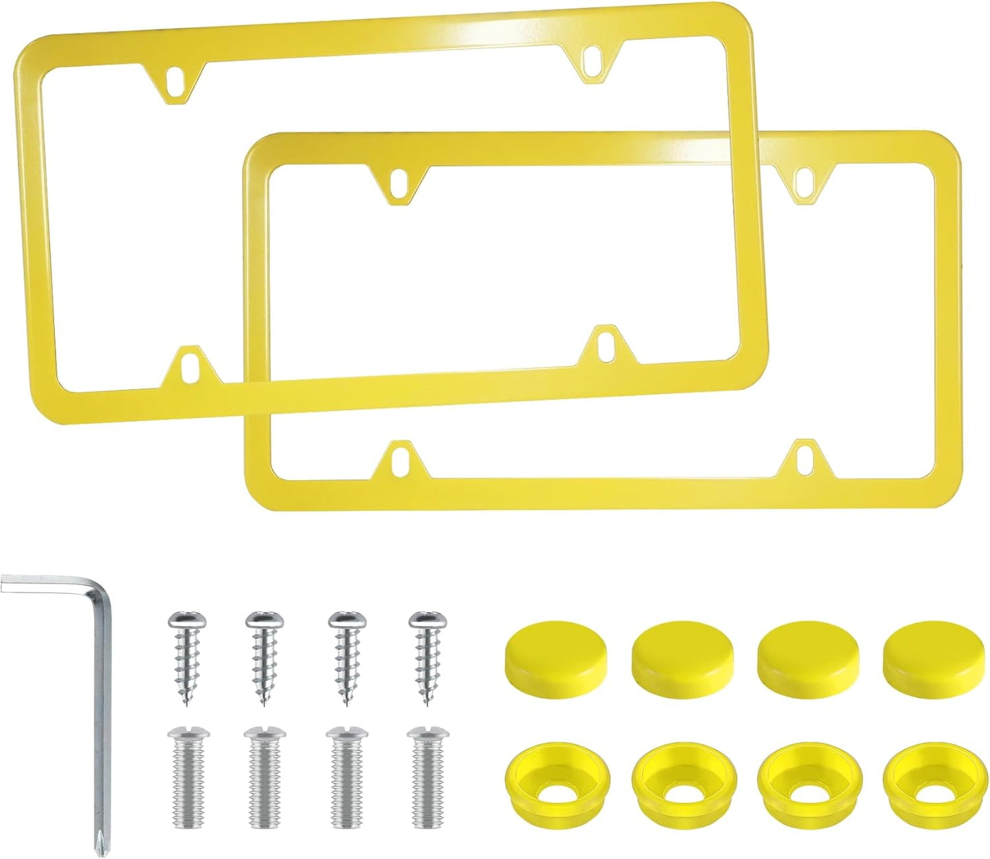 4 Holes Stainless Steel License Plate Frames, 2 PCS Car Licence Plate Covers, Automotive Exterior Accessories Slim Design with Bolts Washer Caps for US Vehicles, Yellow