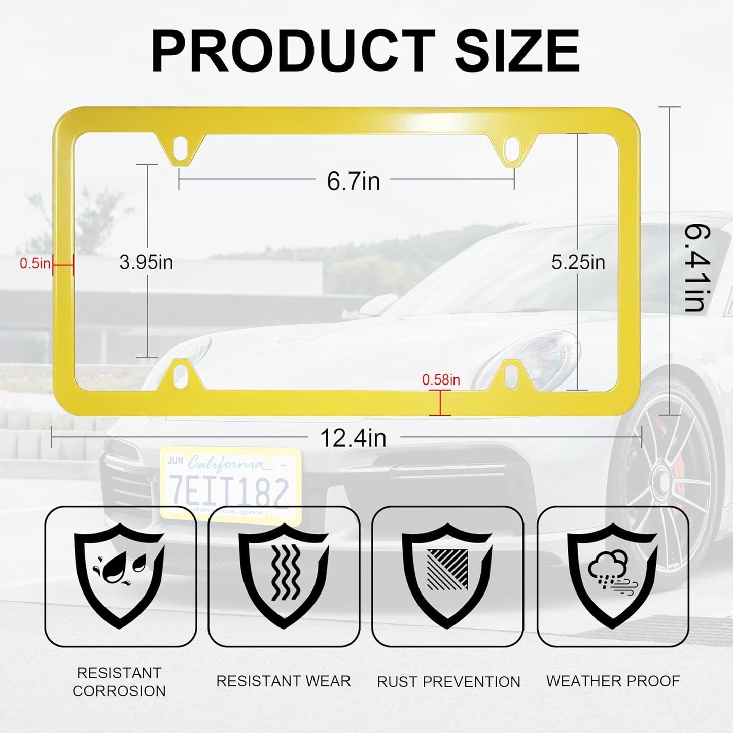4 Holes Stainless Steel License Plate Frames, 2 PCS Car Licence Plate Covers, Automotive Exterior Accessories Slim Design with Bolts Washer Caps for US Vehicles, Yellow
