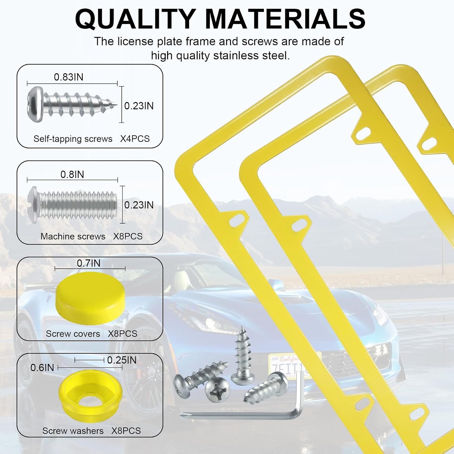 4 Holes Stainless Steel License Plate Frames, 2 PCS Car Licence Plate Covers, Automotive Exterior Accessories Slim Design with Bolts Washer Caps for US Vehicles, Yellow