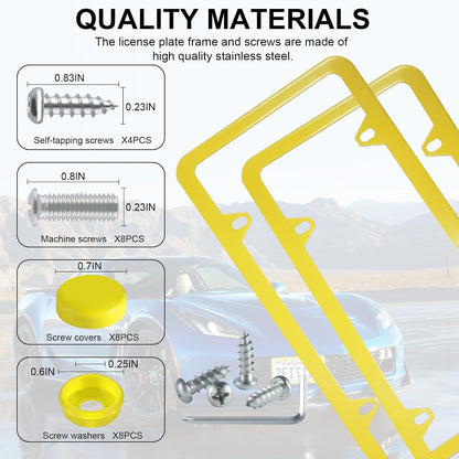 4 Holes Stainless Steel License Plate Frames, 2 PCS Car Licence Plate Covers, Automotive Exterior Accessories Slim Design with Bolts Washer Caps for US Vehicles, Yellow