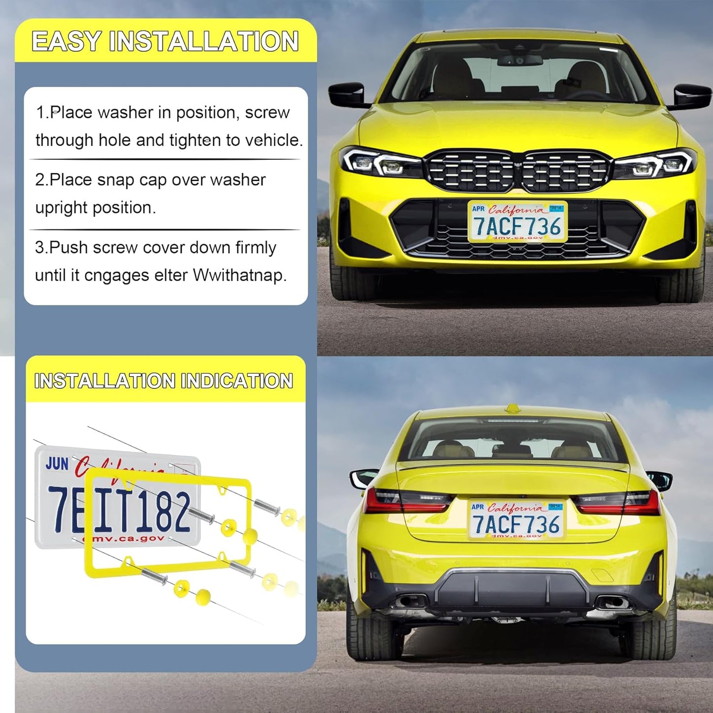 4 Holes Stainless Steel License Plate Frames, 2 PCS Car Licence Plate Covers, Automotive Exterior Accessories Slim Design with Bolts Washer Caps for US Vehicles, Yellow