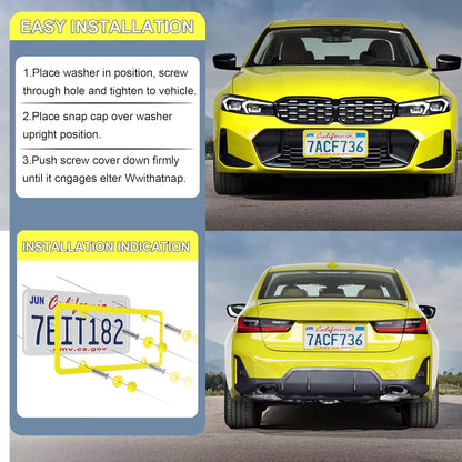 4 Holes Stainless Steel License Plate Frames, 2 PCS Car Licence Plate Covers, Automotive Exterior Accessories Slim Design with Bolts Washer Caps for US Vehicles, Yellow