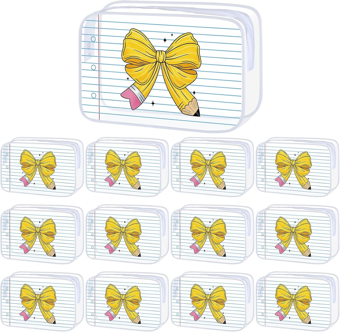 12 Pcs Back to School Gift Teacher Bags Bulk Pencil Bow Notepad | Clear Makeup Bags with Zipper Waterproof Teacher Pouch First Day of School Gifts for Students Teachers Classroom Supplies