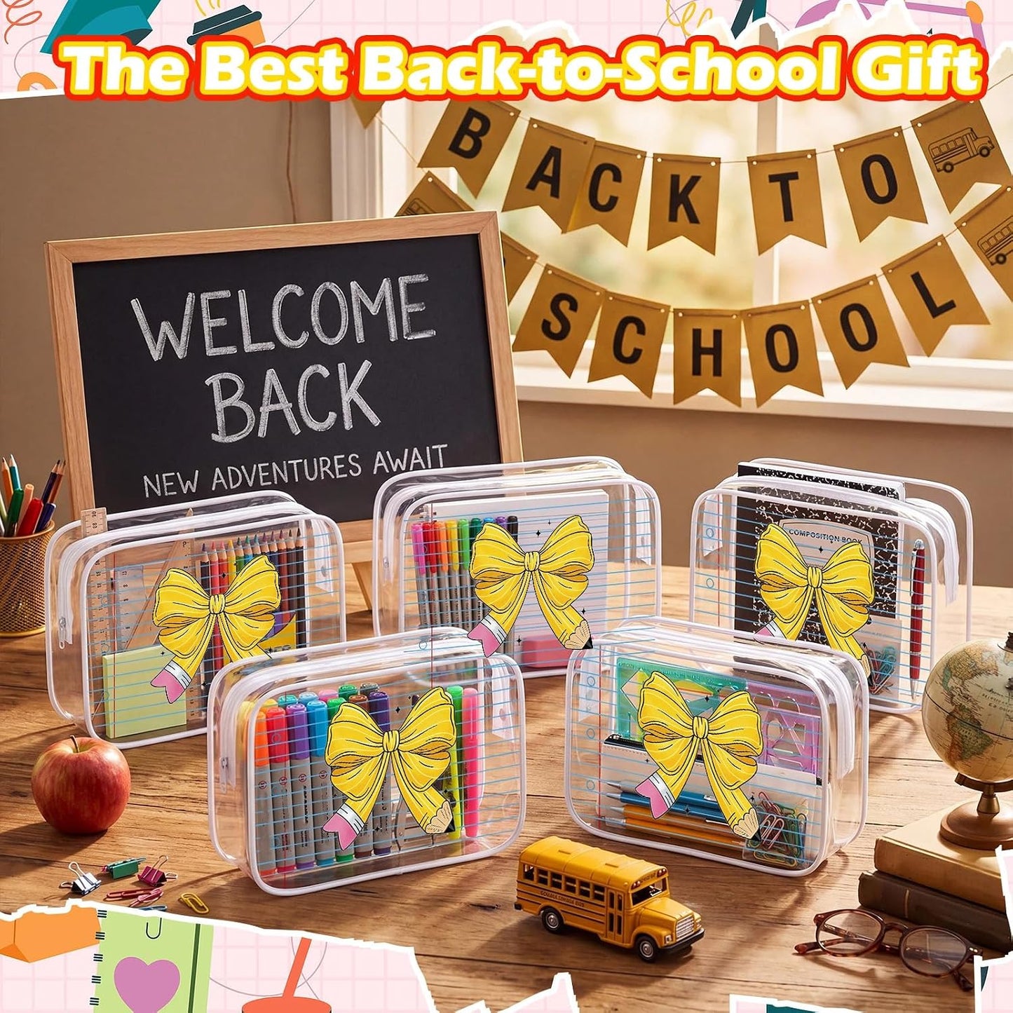 12 Pcs Back to School Gift Teacher Bags Bulk Pencil Bow Notepad | Clear Makeup Bags with Zipper Waterproof Teacher Pouch First Day of School Gifts for Students Teachers Classroom Supplies