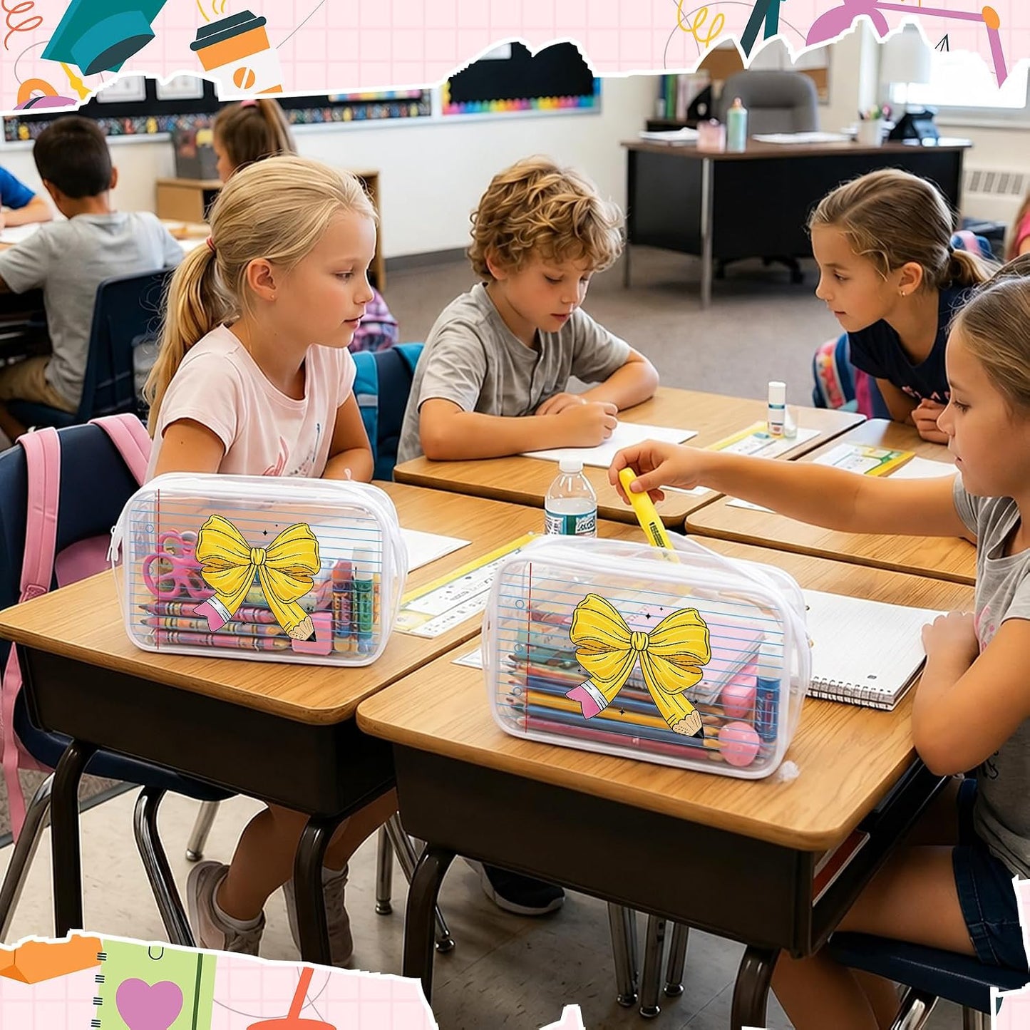 12 Pcs Back to School Gift Teacher Bags Bulk Pencil Bow Notepad | Clear Makeup Bags with Zipper Waterproof Teacher Pouch First Day of School Gifts for Students Teachers Classroom Supplies