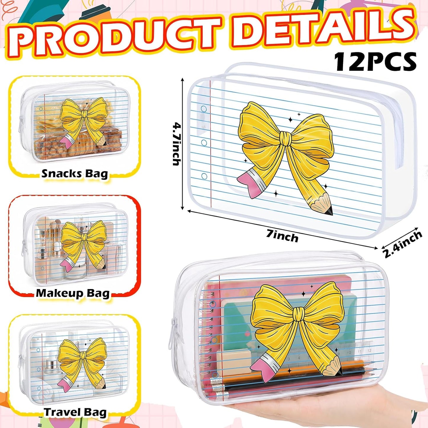 12 Pcs Back to School Gift Teacher Bags Bulk Pencil Bow Notepad | Clear Makeup Bags with Zipper Waterproof Teacher Pouch First Day of School Gifts for Students Teachers Classroom Supplies