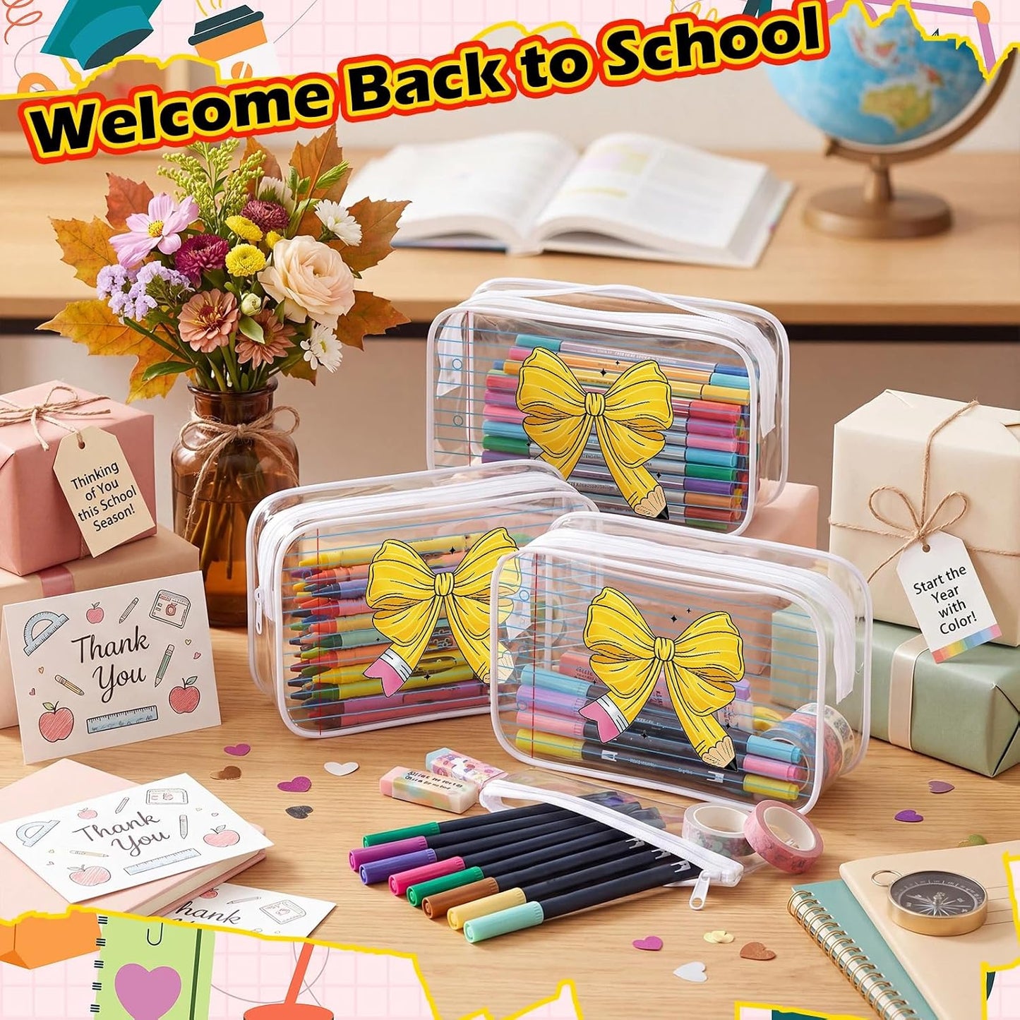 12 Pcs Back to School Gift Teacher Bags Bulk Pencil Bow Notepad | Clear Makeup Bags with Zipper Waterproof Teacher Pouch First Day of School Gifts for Students Teachers Classroom Supplies