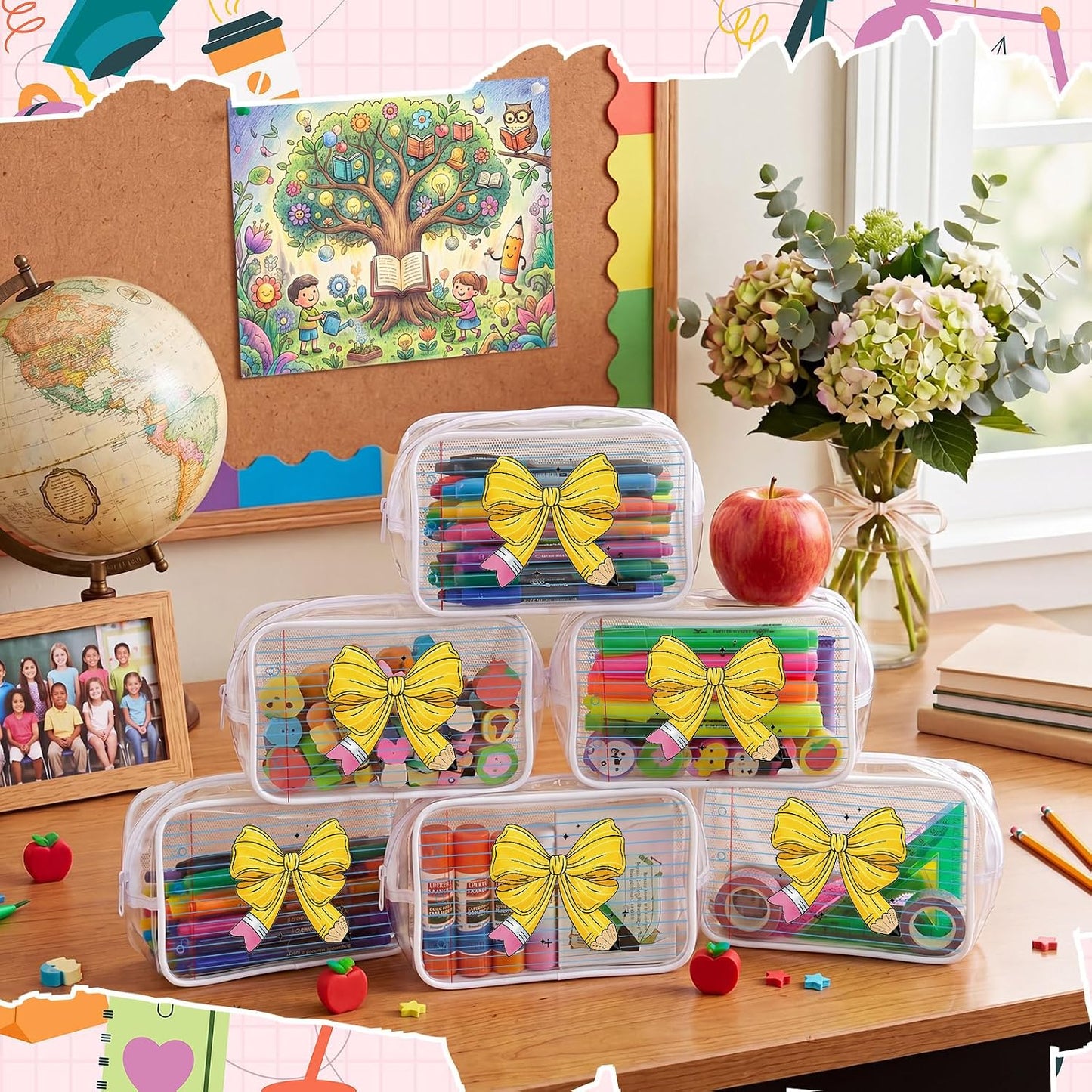 12 Pcs Back to School Gift Teacher Bags Bulk Pencil Bow Notepad | Clear Makeup Bags with Zipper Waterproof Teacher Pouch First Day of School Gifts for Students Teachers Classroom Supplies