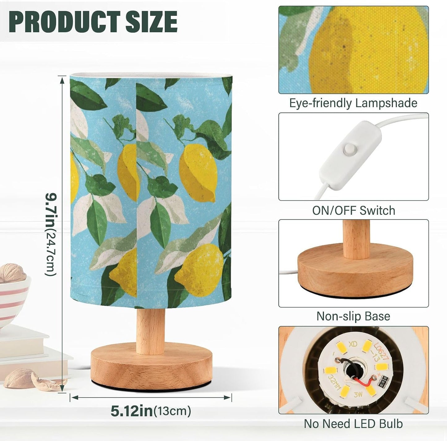 Bedside Table Lamp Lemon Yellow Citrus Fruits (46) Kids Nightstand Lamp Night Light Fabric Shade for Bedroom Living Room Home Office