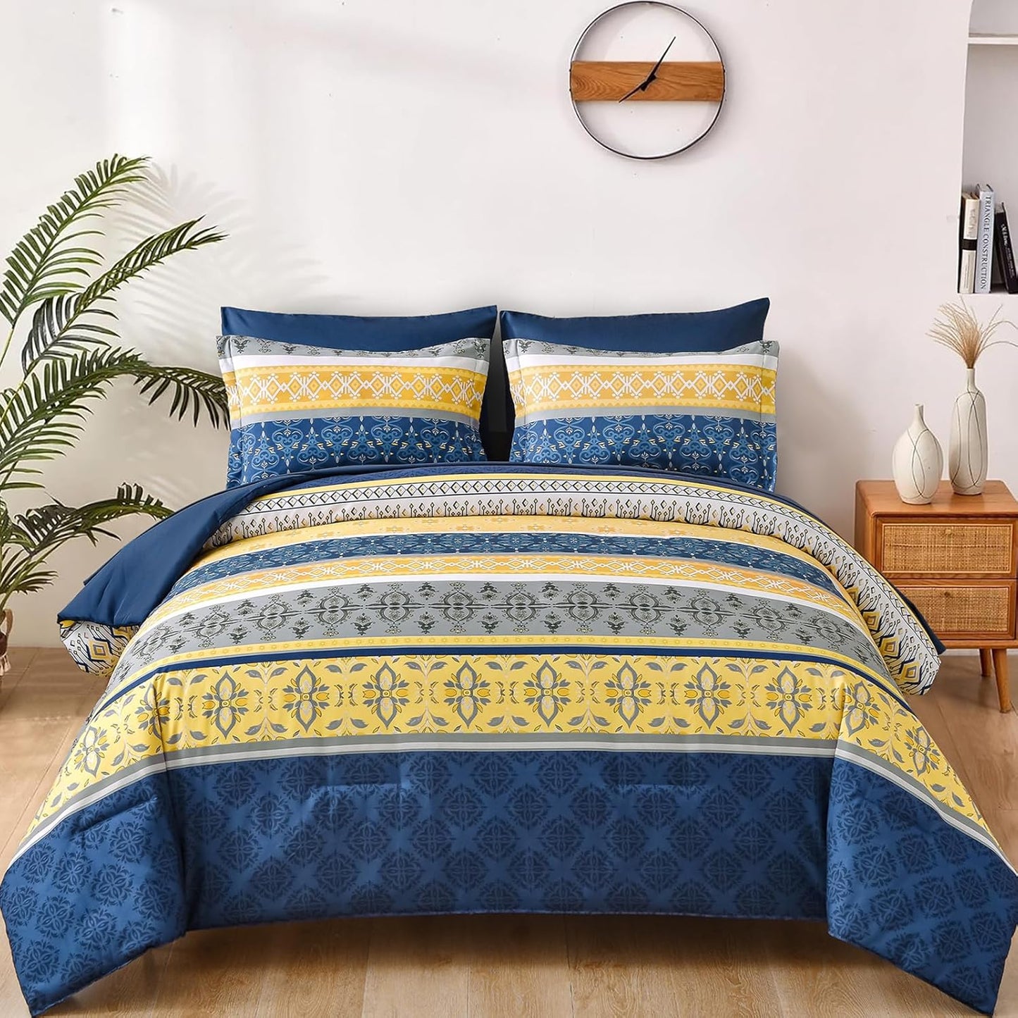 Boho Comforter Set King, 7 Pieces Navy Blue and Yellow Comforter Set Bohemian Bed in A Bag Striped Paisley Floral Comforter and Sheet Set Soft Microfiber Bedding Set for All Season