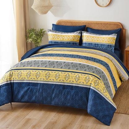 Boho Comforter Set King, 7 Pieces Navy Blue and Yellow Comforter Set Bohemian Bed in A Bag Striped Paisley Floral Comforter and Sheet Set Soft Microfiber Bedding Set for All Season