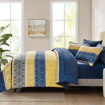 Boho Comforter Set King, 7 Pieces Navy Blue and Yellow Comforter Set Bohemian Bed in A Bag Striped Paisley Floral Comforter and Sheet Set Soft Microfiber Bedding Set for All Season