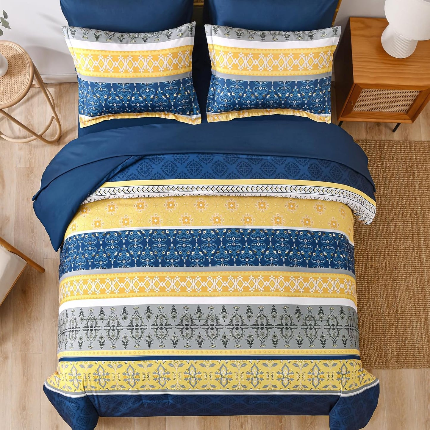 Boho Comforter Set King, 7 Pieces Navy Blue and Yellow Comforter Set Bohemian Bed in A Bag Striped Paisley Floral Comforter and Sheet Set Soft Microfiber Bedding Set for All Season