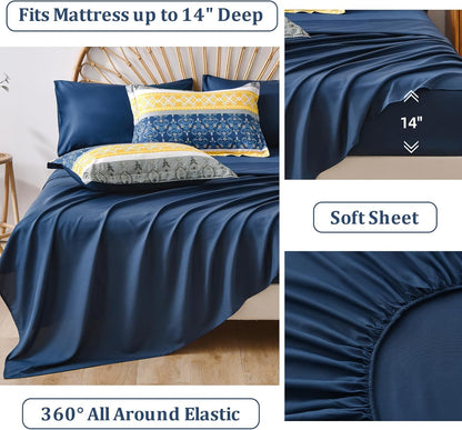 Boho Comforter Set King, 7 Pieces Navy Blue and Yellow Comforter Set Bohemian Bed in A Bag Striped Paisley Floral Comforter and Sheet Set Soft Microfiber Bedding Set for All Season