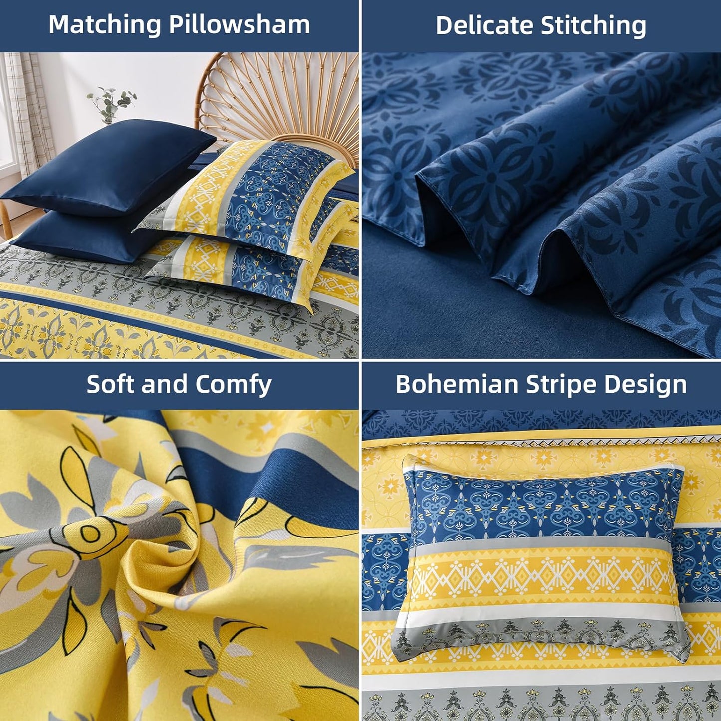 Boho Comforter Set King, 7 Pieces Navy Blue and Yellow Comforter Set Bohemian Bed in A Bag Striped Paisley Floral Comforter and Sheet Set Soft Microfiber Bedding Set for All Season
