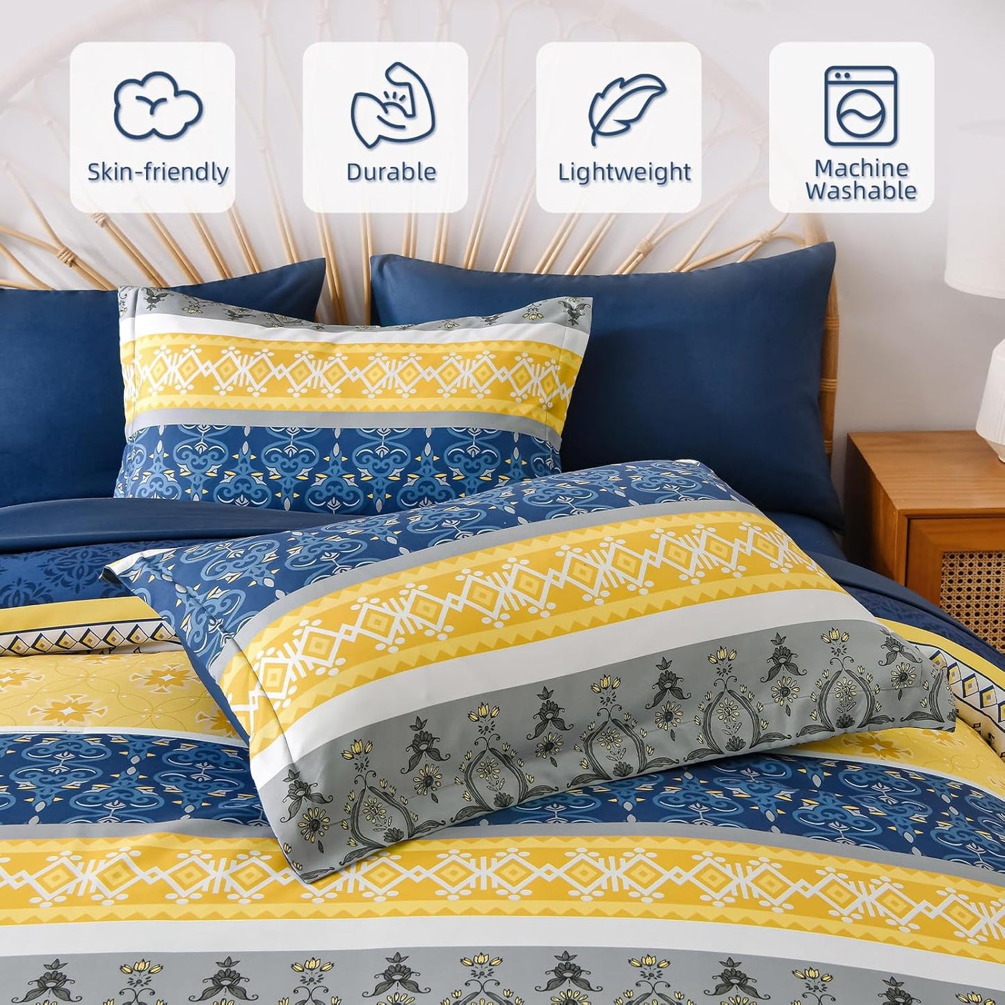 Boho Comforter Set King, 7 Pieces Navy Blue and Yellow Comforter Set Bohemian Bed in A Bag Striped Paisley Floral Comforter and Sheet Set Soft Microfiber Bedding Set for All Season