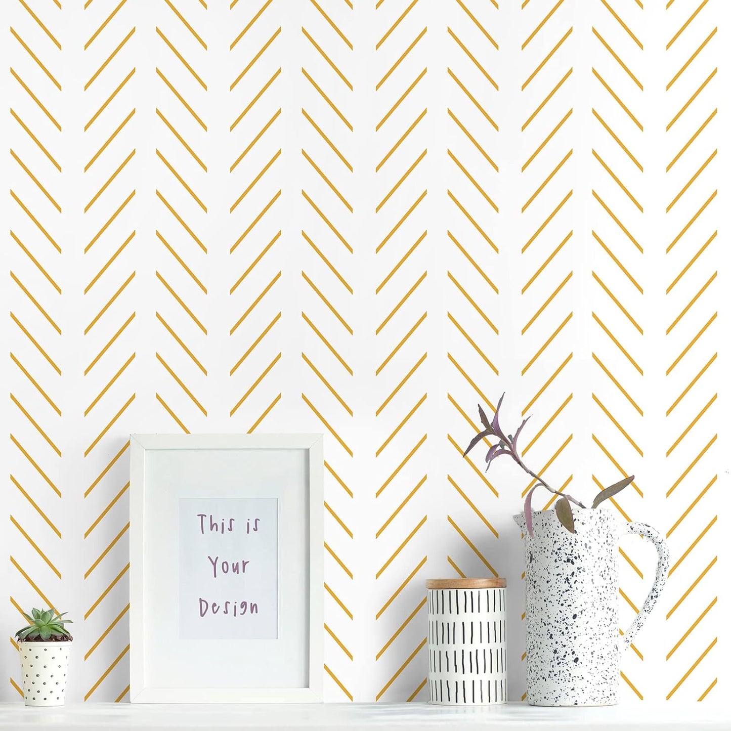 Yellow and White Peel and Stick Wallpaper Modern Herringbone Wallpaper Bathroom 17.7inch x 118.1inch Geometric Removable Contact Paper Peel and Stick Self Adhesive Cabinet Wall Paper Waterproof