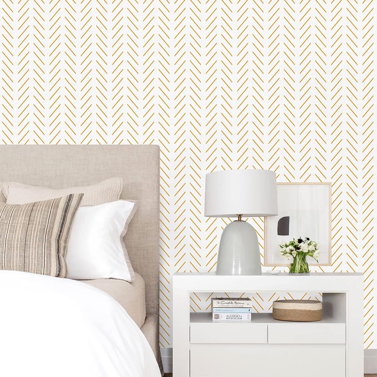 Yellow and White Peel and Stick Wallpaper Modern Herringbone Wallpaper Bathroom 17.7inch x 118.1inch Geometric Removable Contact Paper Peel and Stick Self Adhesive Cabinet Wall Paper Waterproof