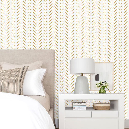 Yellow and White Peel and Stick Wallpaper Modern Herringbone Wallpaper Bathroom 17.7inch x 118.1inch Geometric Removable Contact Paper Peel and Stick Self Adhesive Cabinet Wall Paper Waterproof